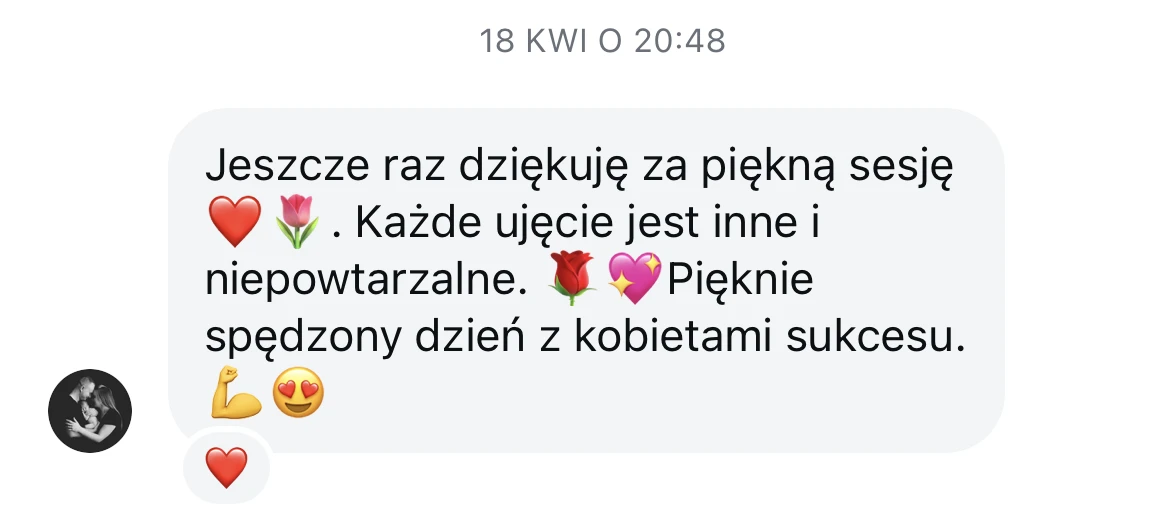 Podziękowania od klientki po zrealizowanej sesji