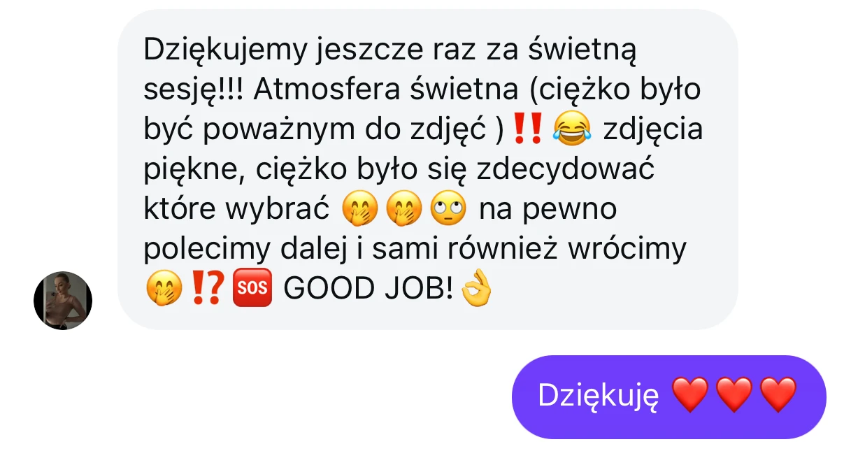 Wiadomość z podziękowaniami po udanej sesji zdjęciowej