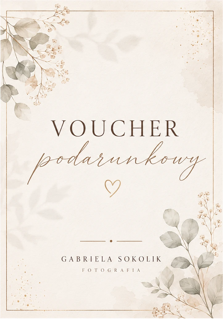 Voucher podarunkowy na sesję zdjęciową — elegancka przednia strona z kwiatowym motywem