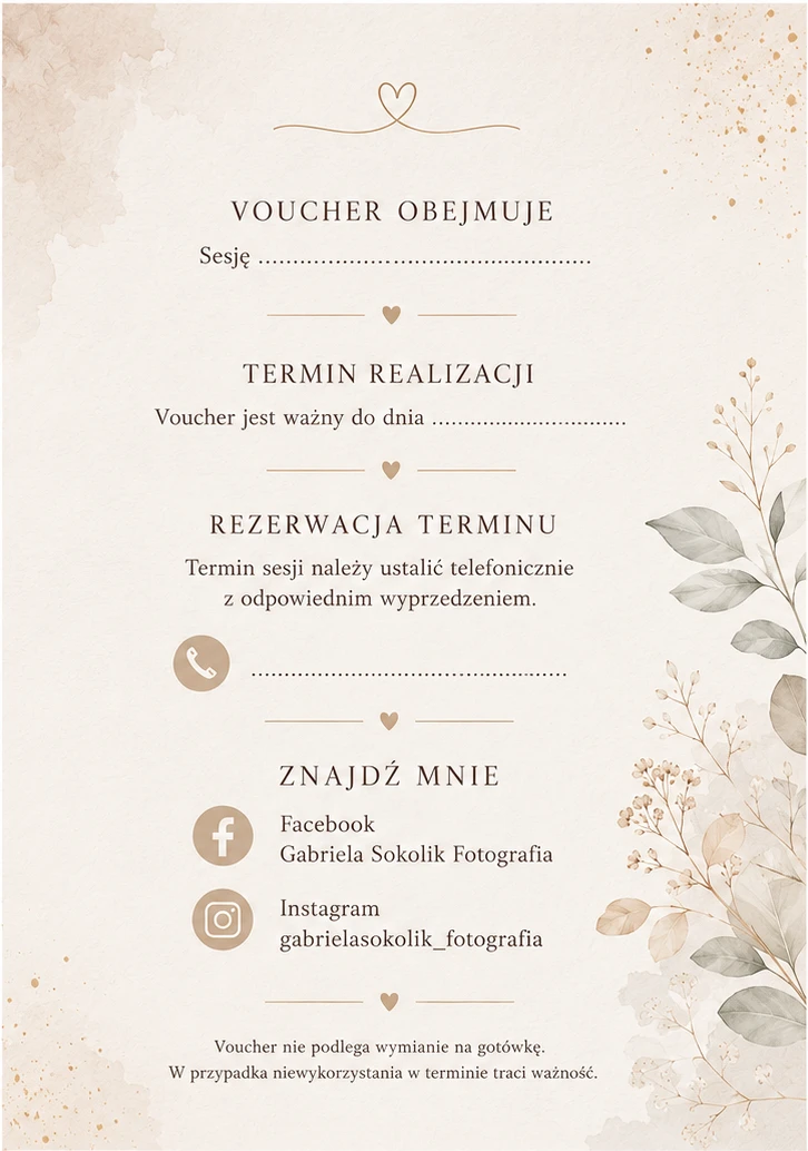 Tył vouchera podarunkowego — miejsce na rodzaj sesji, termin ważności i dane do rezerwacji